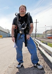 Mark Beauchamp, the rescue team trainer at Twentymile Coal Co., wears his bench, or self-contained breathing apparatus.